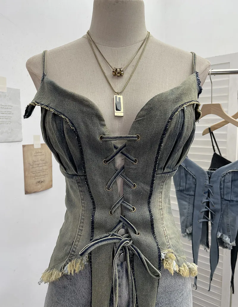 American Retro Spice Girl Lace-Up Tassel Denim Camisole Top - Sleeveless Navel-Baring Style for Women showcase 3