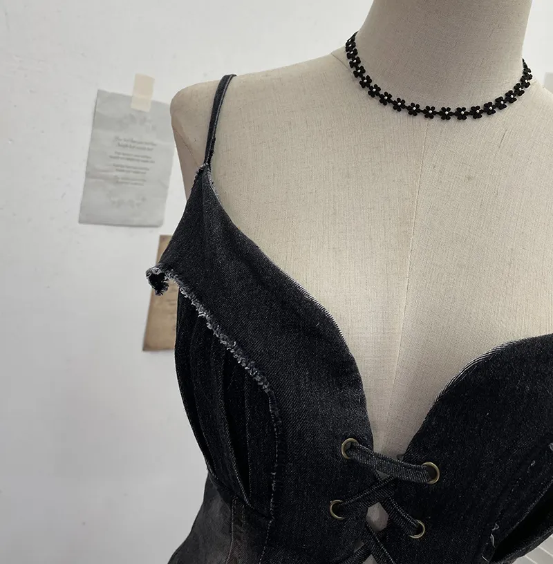 American Retro Spice Girl Lace-Up Tassel Denim Camisole Top - Sleeveless Navel-Baring Style for Women showcase 13