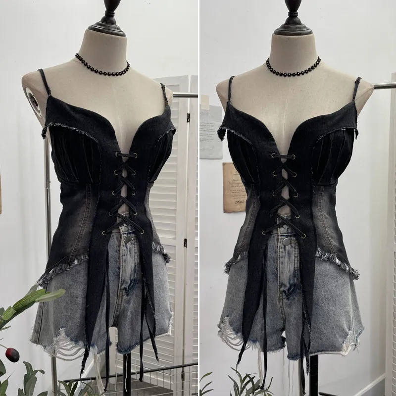 American Retro Spice Girl Lace-Up Tassel Denim Camisole Top - Sleeveless Navel-Baring Style for Women thumbnail 3