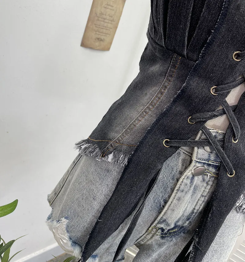 American Retro Spice Girl Lace-Up Tassel Denim Camisole Top - Sleeveless Navel-Baring Style for Women showcase 14