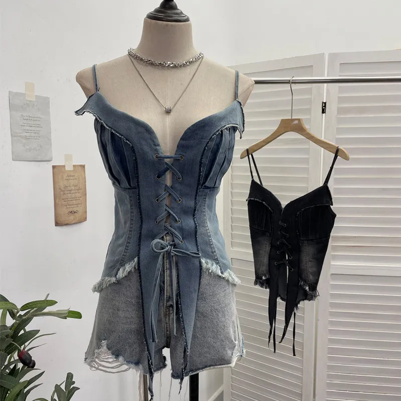 American Retro Spice Girl Lace-Up Tassel Denim Camisole Top - Sleeveless Navel-Baring Style for Women thumbnail 2