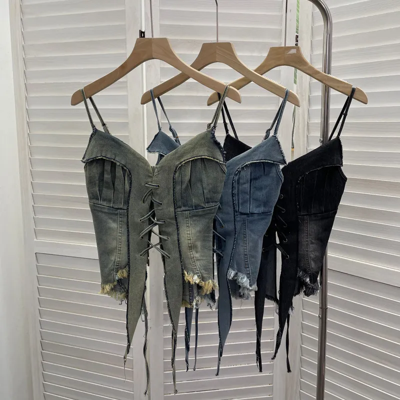 American Retro Spice Girl Lace-Up Tassel Denim Camisole Top - Sleeveless Navel-Baring Style for Women thumbnail 4