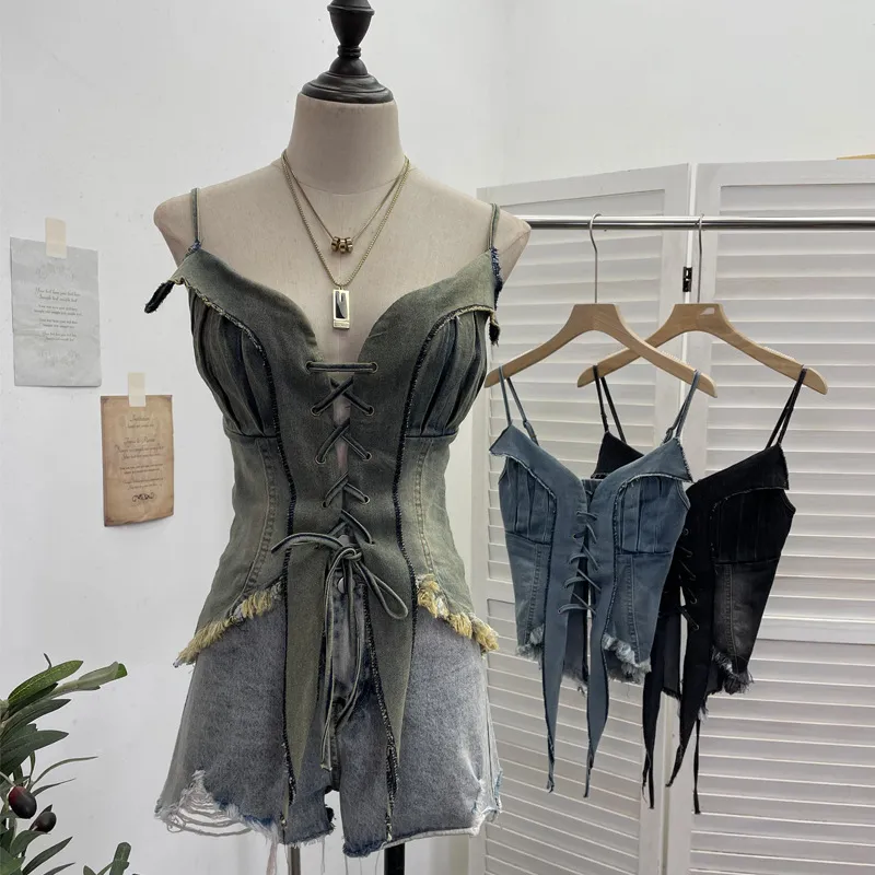 American Retro Spice Girl Lace-Up Tassel Denim Camisole Top - Sleeveless Navel-Baring Style for Women thumbnail 1