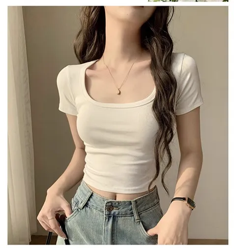 Women's Sweet U-Collar Short Sleeve T-Shirt - Trendy Summer White Top with Cropped Umbilical Design, Fashionable and Versatile for Casual Wear showcase 11