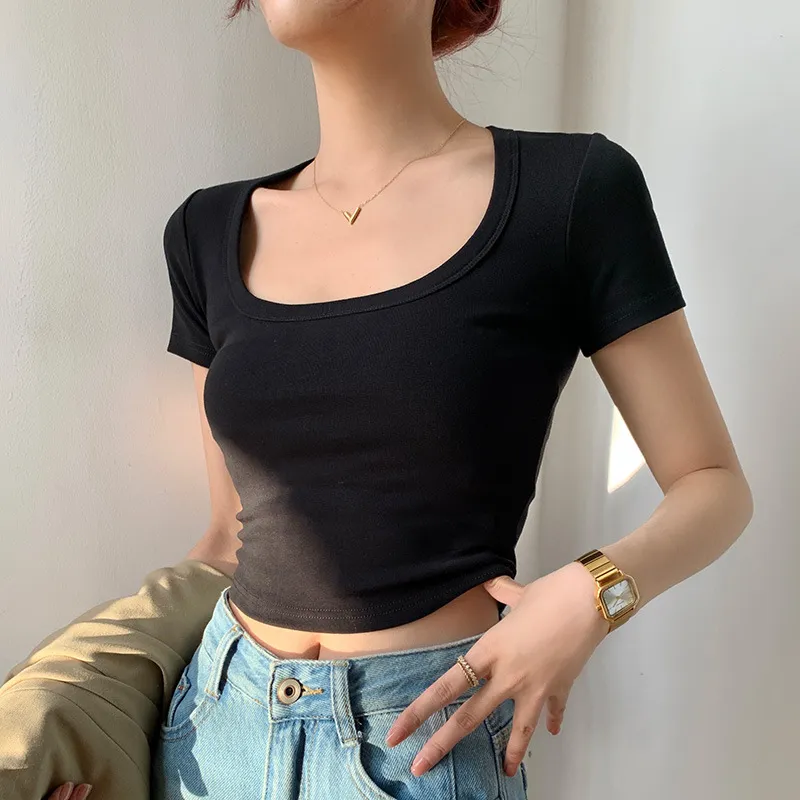 Women's Sweet U-Collar Short Sleeve T-Shirt - Trendy Summer White Top with Cropped Umbilical Design, Fashionable and Versatile for Casual Wear thumbnail 2