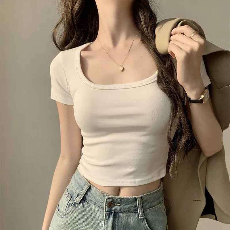 Women's Sweet U-Collar Short Sleeve T-Shirt - Trendy Summer White Top with Cropped Umbilical Design, Fashionable and Versatile for Casual Wear thumbnail 1