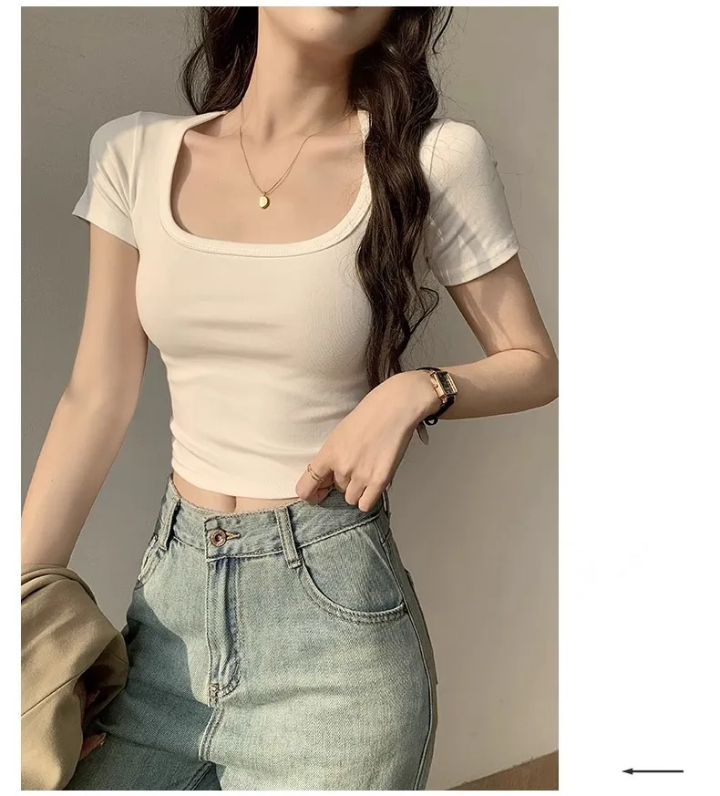 Women's Sweet U-Collar Short Sleeve T-Shirt - Trendy Summer White Top with Cropped Umbilical Design, Fashionable and Versatile for Casual Wear showcase 13