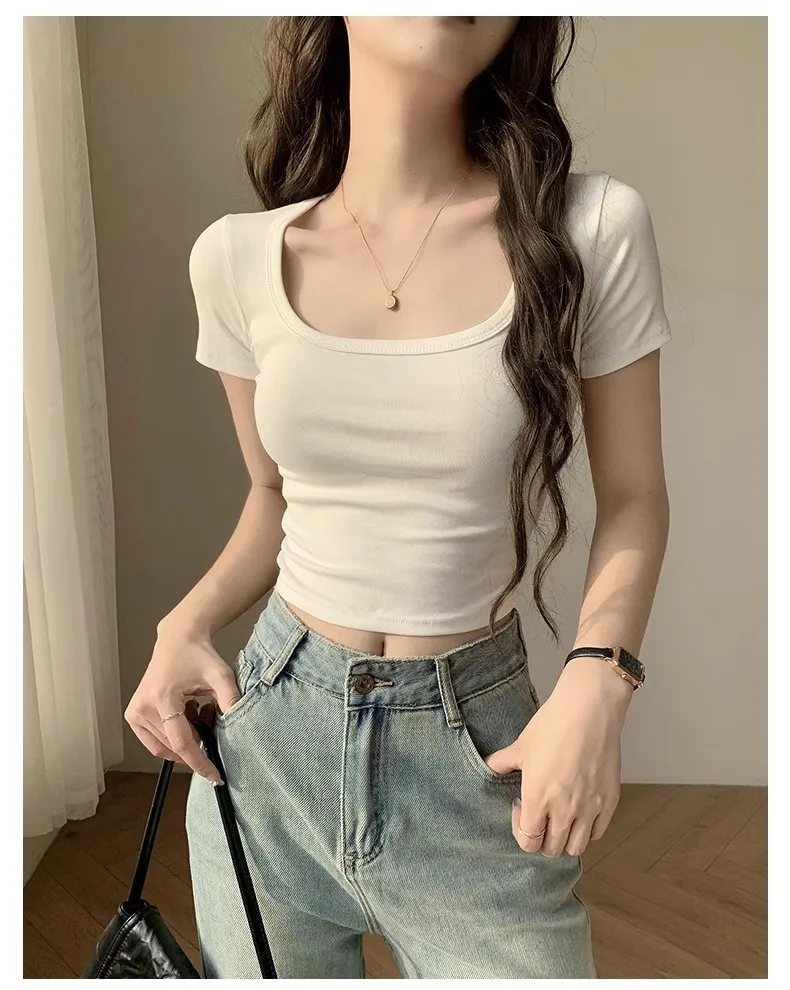 Women's Sweet U-Collar Short Sleeve T-Shirt - Trendy Summer White Top with Cropped Umbilical Design, Fashionable and Versatile for Casual Wear showcase 12