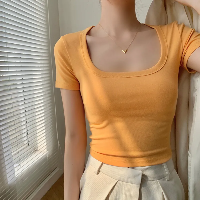 Women's Sweet U-Collar Short Sleeve T-Shirt - Trendy Summer White Top with Cropped Umbilical Design, Fashionable and Versatile for Casual Wear thumbnail 4