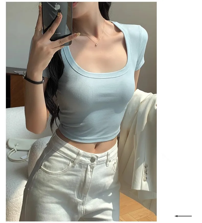 Women's Sweet U-Collar Short Sleeve T-Shirt - Trendy Summer White Top with Cropped Umbilical Design, Fashionable and Versatile for Casual Wear showcase 18