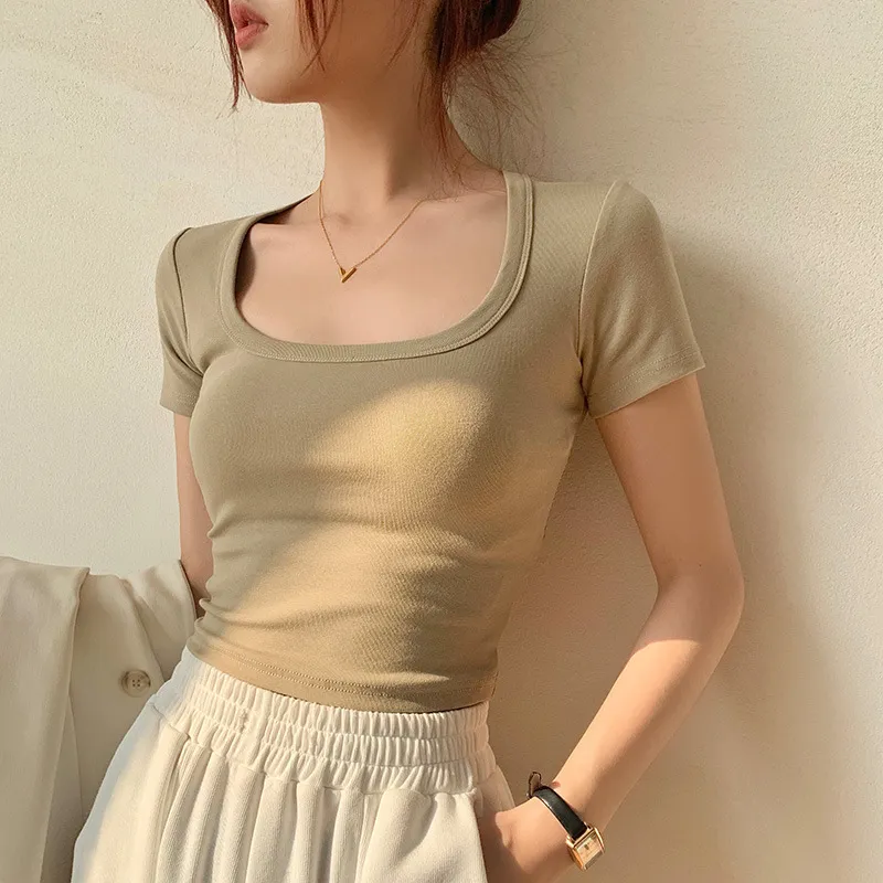 Women's Sweet U-Collar Short Sleeve T-Shirt - Trendy Summer White Top with Cropped Umbilical Design, Fashionable and Versatile for Casual Wear thumbnail 3