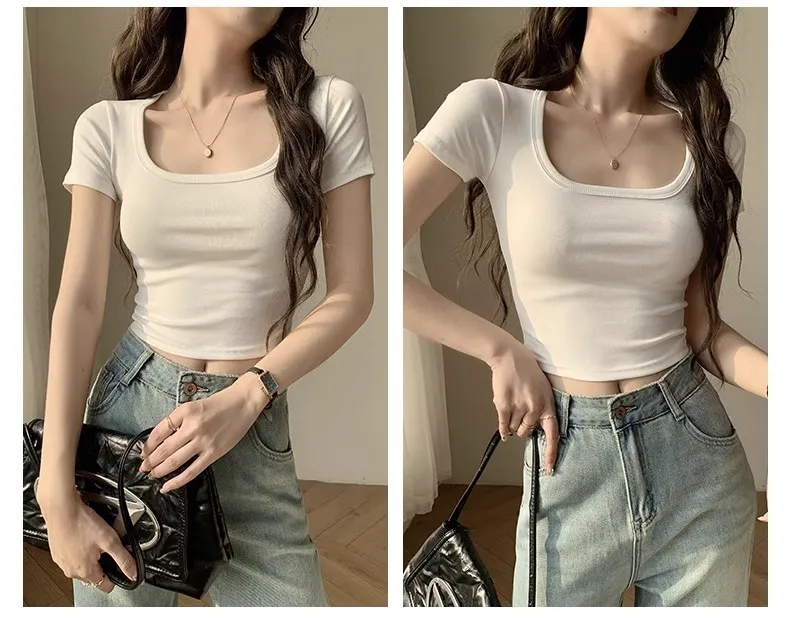 Women's Sweet U-Collar Short Sleeve T-Shirt - Trendy Summer White Top with Cropped Umbilical Design, Fashionable and Versatile for Casual Wear showcase 14