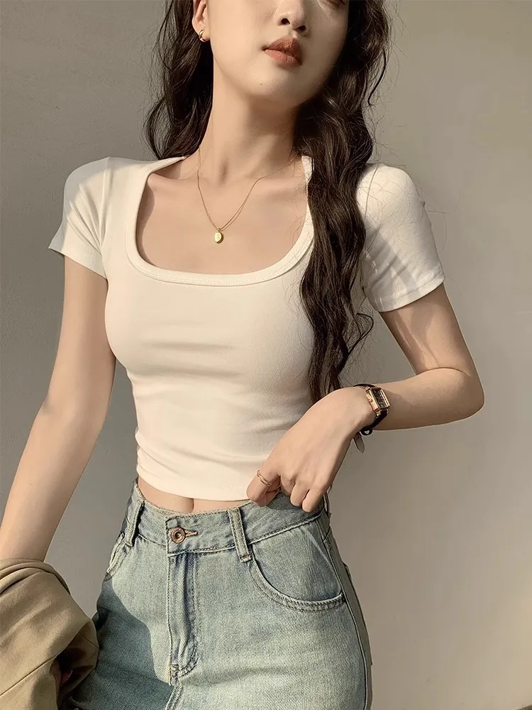 Women's Sweet U-Collar Short Sleeve T-Shirt - Trendy Summer White Top with Cropped Umbilical Design, Fashionable and Versatile for Casual Wear showcase 16