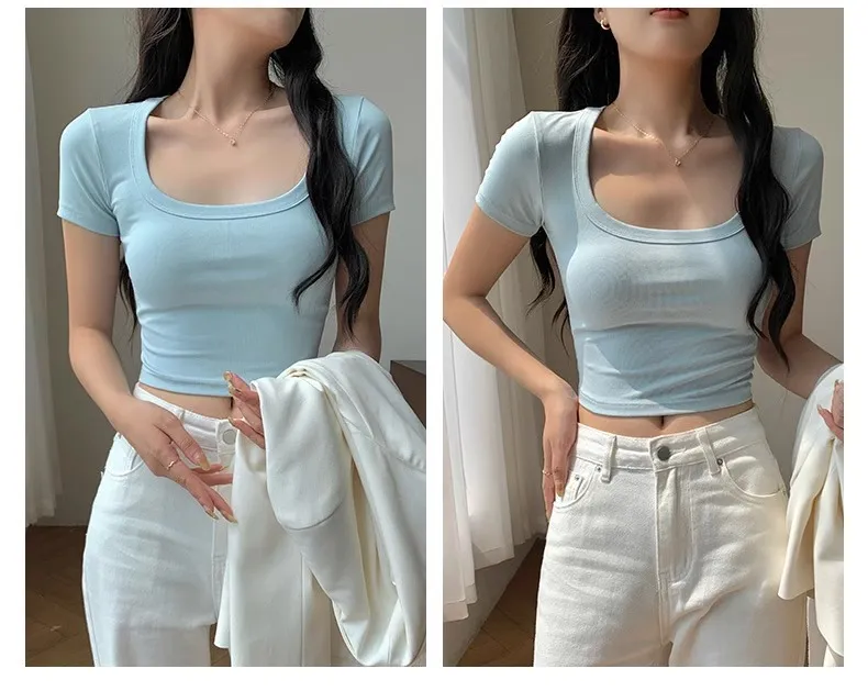 Women's Sweet U-Collar Short Sleeve T-Shirt - Trendy Summer White Top with Cropped Umbilical Design, Fashionable and Versatile for Casual Wear showcase 19