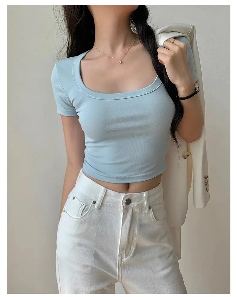 Women's Sweet U-Collar Short Sleeve T-Shirt - Trendy Summer White Top with Cropped Umbilical Design, Fashionable and Versatile for Casual Wear showcase 17