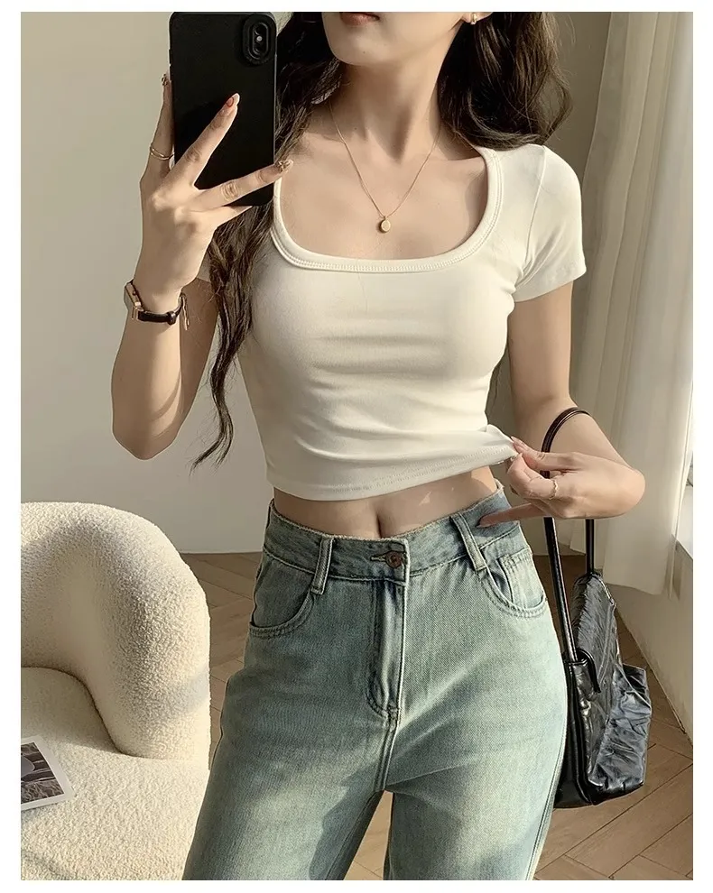 Women's Sweet U-Collar Short Sleeve T-Shirt - Trendy Summer White Top with Cropped Umbilical Design, Fashionable and Versatile for Casual Wear showcase 15