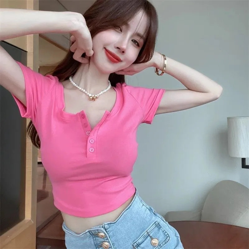 Women's Sexy Summer Slim-Fit Short-Sleeved T-Shirt - Age-Reducing Tight-Fitting High-Waist Navel-Baring Top for Fashionable Ladies thumbnail 3