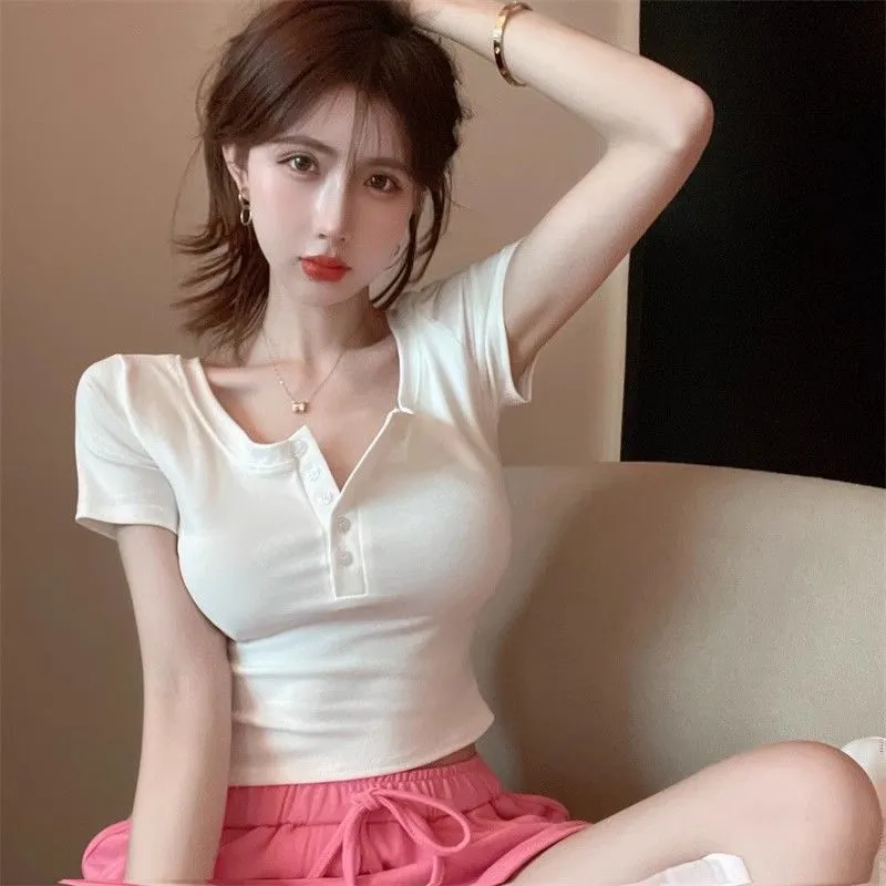 Women's Sexy Summer Slim-Fit Short-Sleeved T-Shirt - Age-Reducing Tight-Fitting High-Waist Navel-Baring Top for Fashionable Ladies thumbnail 7