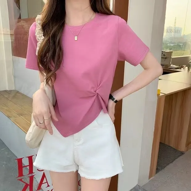 Women's Irregular Short Sleeve T-Shirt - Slim Fit High Waist Exposed Umbilical Top for Summer Fashion showcase 5
