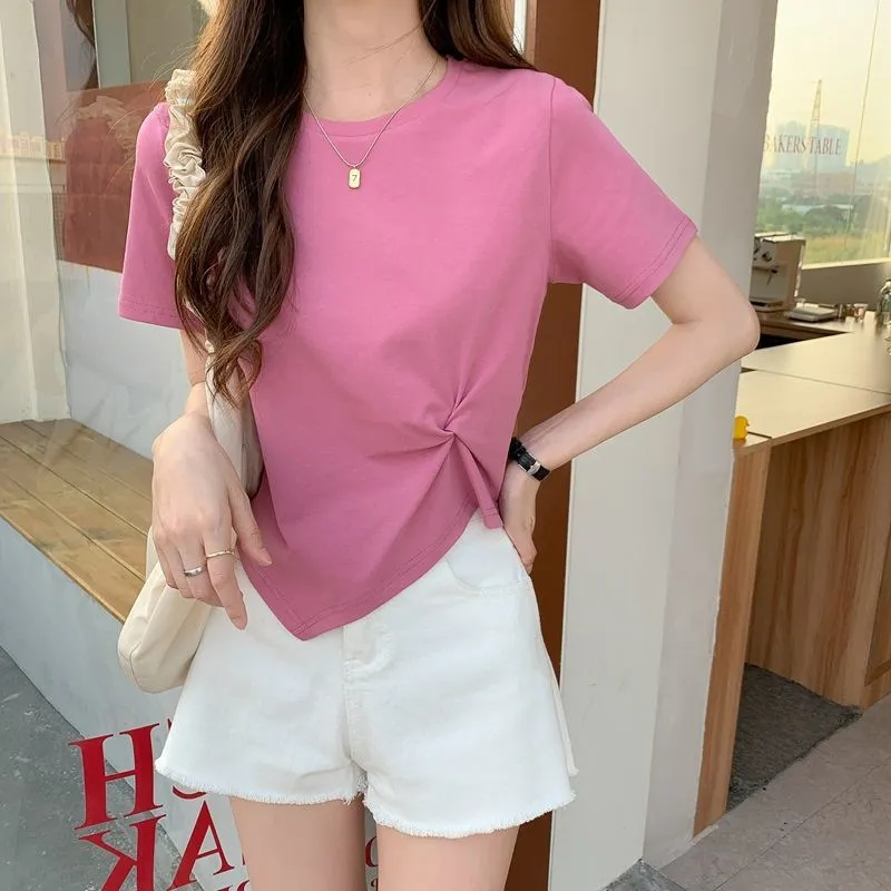 Women's Irregular Short Sleeve T-Shirt - Slim Fit High Waist Exposed Umbilical Top for Summer Fashion thumbnail 4