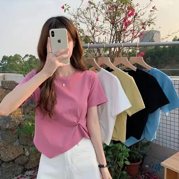 Women's Irregular Short Sleeve T-Shirt - Slim Fit High Waist Exposed Umbilical Top for Summer Fashion showcase 4