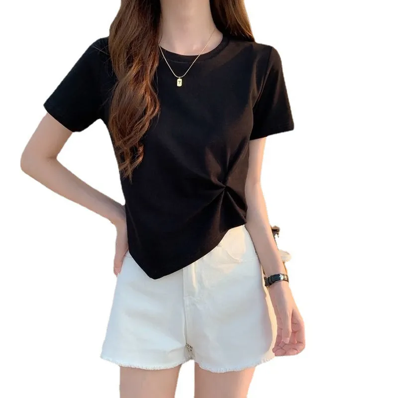 Women's Irregular Short Sleeve T-Shirt - Slim Fit High Waist Exposed Umbilical Top for Summer Fashion thumbnail 5