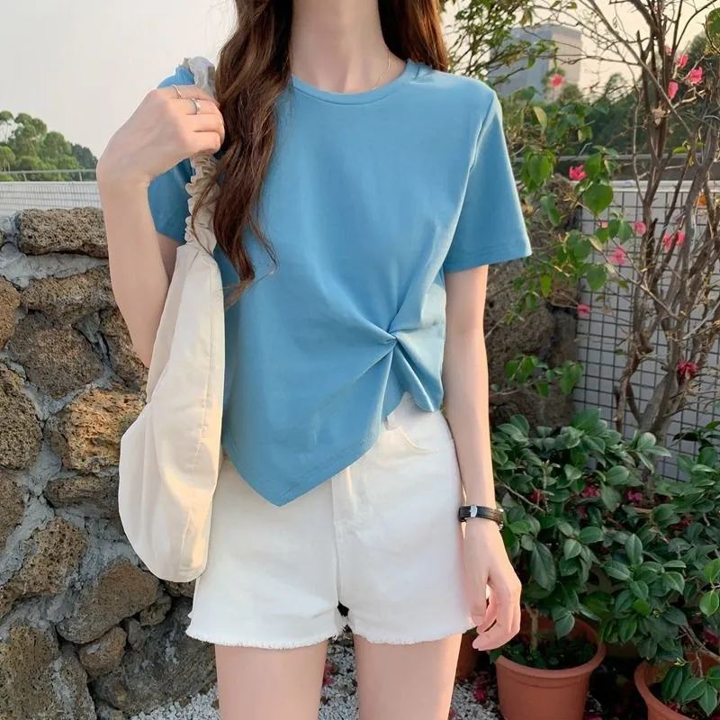 Women's Irregular Short Sleeve T-Shirt - Slim Fit High Waist Exposed Umbilical Top for Summer Fashion thumbnail 6