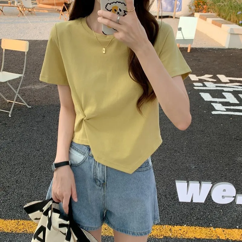 Women's Irregular Short Sleeve T-Shirt - Slim Fit High Waist Exposed Umbilical Top for Summer Fashion thumbnail 3