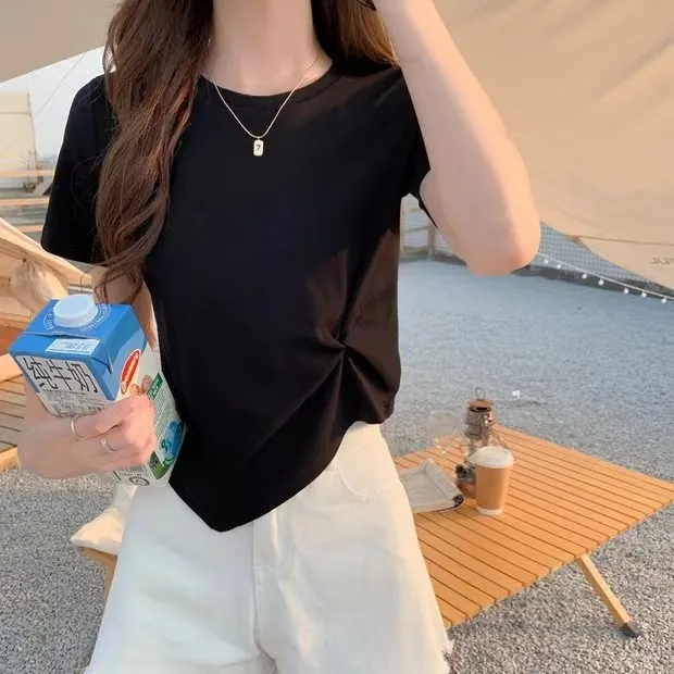 Women's Irregular Short Sleeve T-Shirt - Slim Fit High Waist Exposed Umbilical Top for Summer Fashion showcase 9