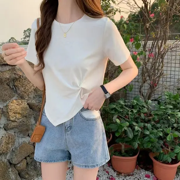 Women's Irregular Short Sleeve T-Shirt - Slim Fit High Waist Exposed Umbilical Top for Summer Fashion showcase 13