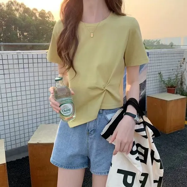 Women's Irregular Short Sleeve T-Shirt - Slim Fit High Waist Exposed Umbilical Top for Summer Fashion showcase 10