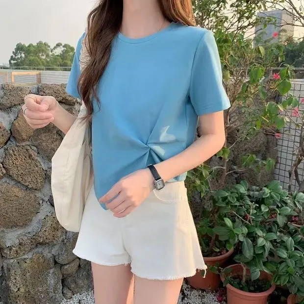 Women's Irregular Short Sleeve T-Shirt - Slim Fit High Waist Exposed Umbilical Top for Summer Fashion showcase 7