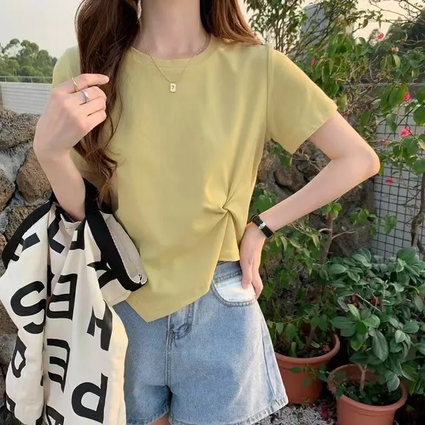 Women's Irregular Short Sleeve T-Shirt - Slim Fit High Waist Exposed Umbilical Top for Summer Fashion showcase 11