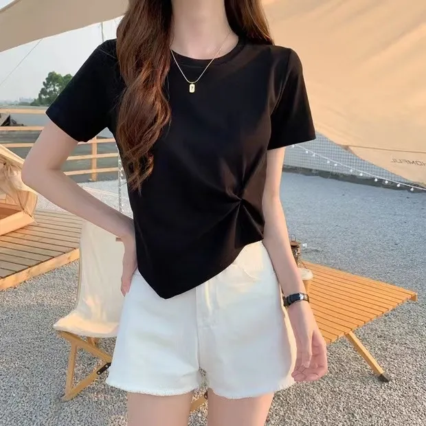 Women's Irregular Short Sleeve T-Shirt - Slim Fit High Waist Exposed Umbilical Top for Summer Fashion showcase 8