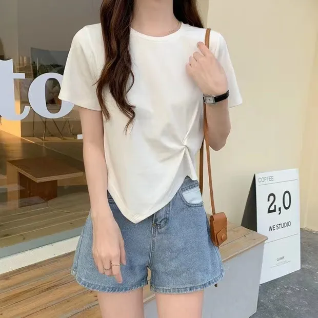 Women's Irregular Short Sleeve T-Shirt - Slim Fit High Waist Exposed Umbilical Top for Summer Fashion showcase 12