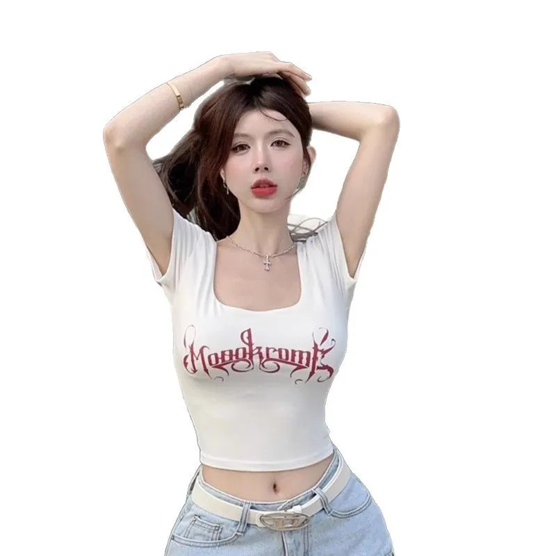 Women's Y2K Sweet Sexy Black Square Neck Short Sleeve T-Shirt with Letter Print, Tight-Fitting Navel-Baring Short Style for Summer - Image 5