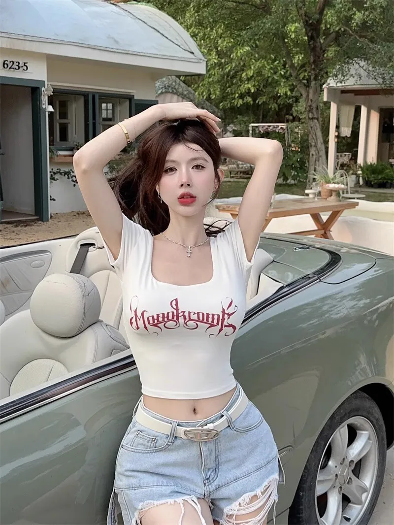 Women's Y2K Sweet Sexy Black Square Neck Short Sleeve T-Shirt with Letter Print, Tight-Fitting Navel-Baring Short Style for Summer showcase 5