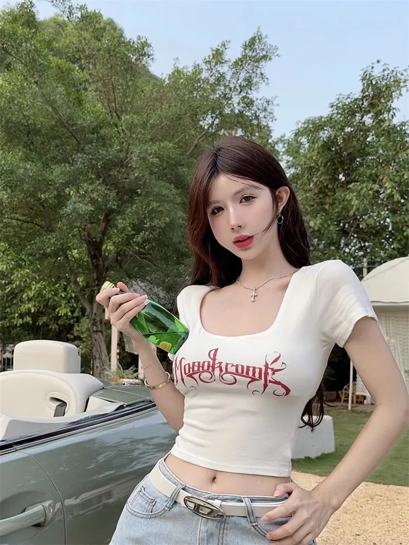 Women's Y2K Sweet Sexy Black Square Neck Short Sleeve T-Shirt with Letter Print, Tight-Fitting Navel-Baring Short Style for Summer showcase 7