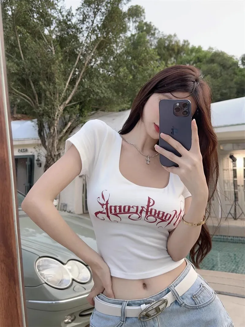 Women's Y2K Sweet Sexy Black Square Neck Short Sleeve T-Shirt with Letter Print, Tight-Fitting Navel-Baring Short Style for Summer showcase 4
