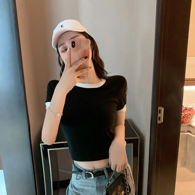 Women's Summer Slim-Fit Contrast Color Short-Sleeved T-Shirt Trendy Design Sense Top for Casual Wear showcase 7