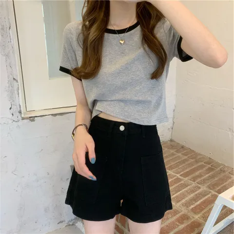 Women's Summer Slim-Fit Contrast Color Short-Sleeved T-Shirt Trendy Design Sense Top for Casual Wear - Image 8