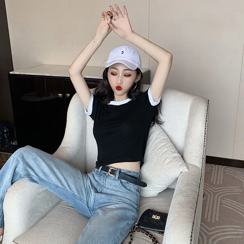 Women's Summer Slim-Fit Contrast Color Short-Sleeved T-Shirt Trendy Design Sense Top for Casual Wear showcase 10