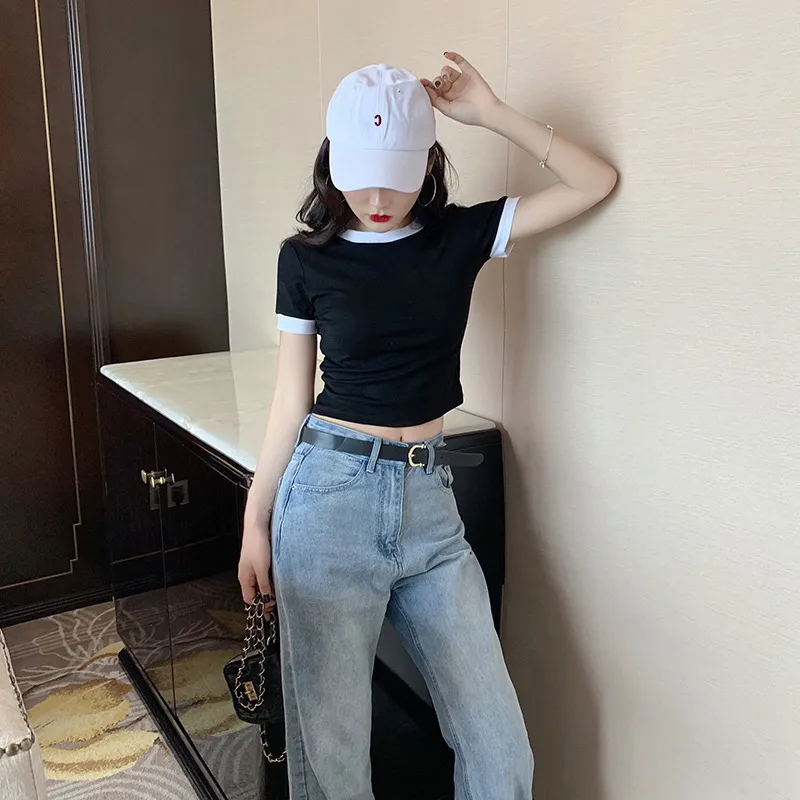 Women's Summer Slim-Fit Contrast Color Short-Sleeved T-Shirt Trendy Design Sense Top for Casual Wear showcase 8