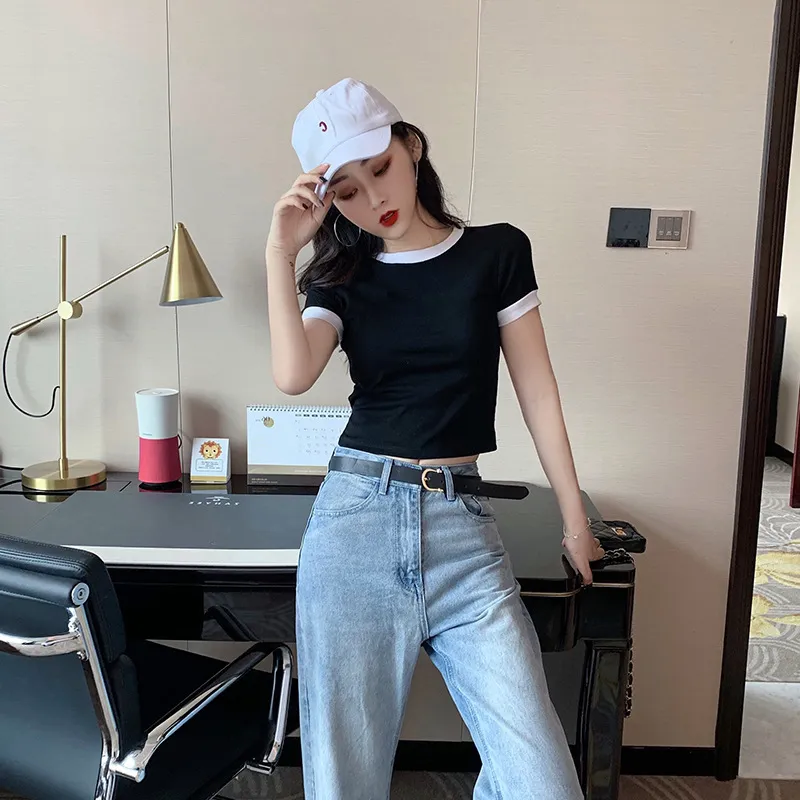 Women's Summer Slim-Fit Contrast Color Short-Sleeved T-Shirt Trendy Design Sense Top for Casual Wear showcase 9