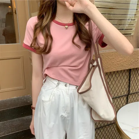 Women's Summer Slim-Fit Contrast Color Short-Sleeved T-Shirt Trendy Design Sense Top for Casual Wear - Image 9