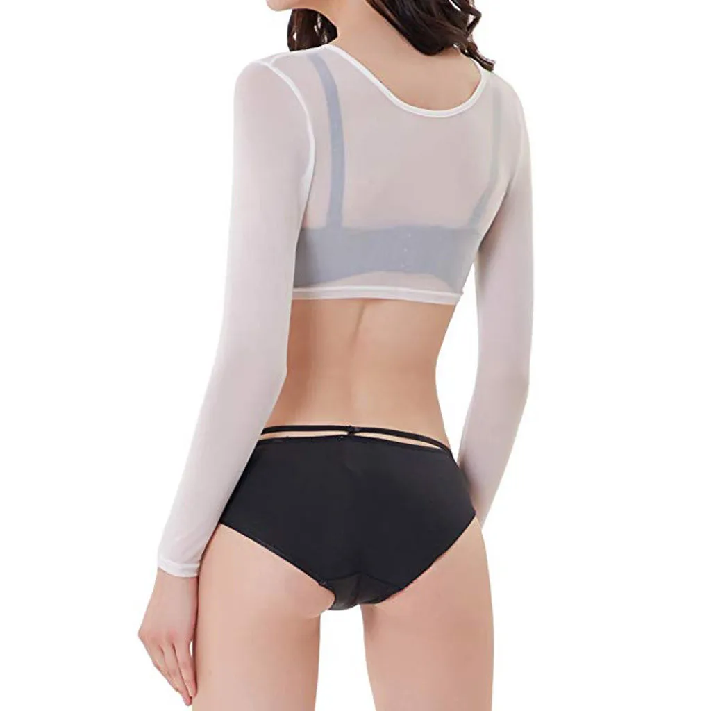 Women's Mesh Long Sleeve See-Through Crop Top - Sexy Base Layer Cardigan for Night Out thumbnail 3