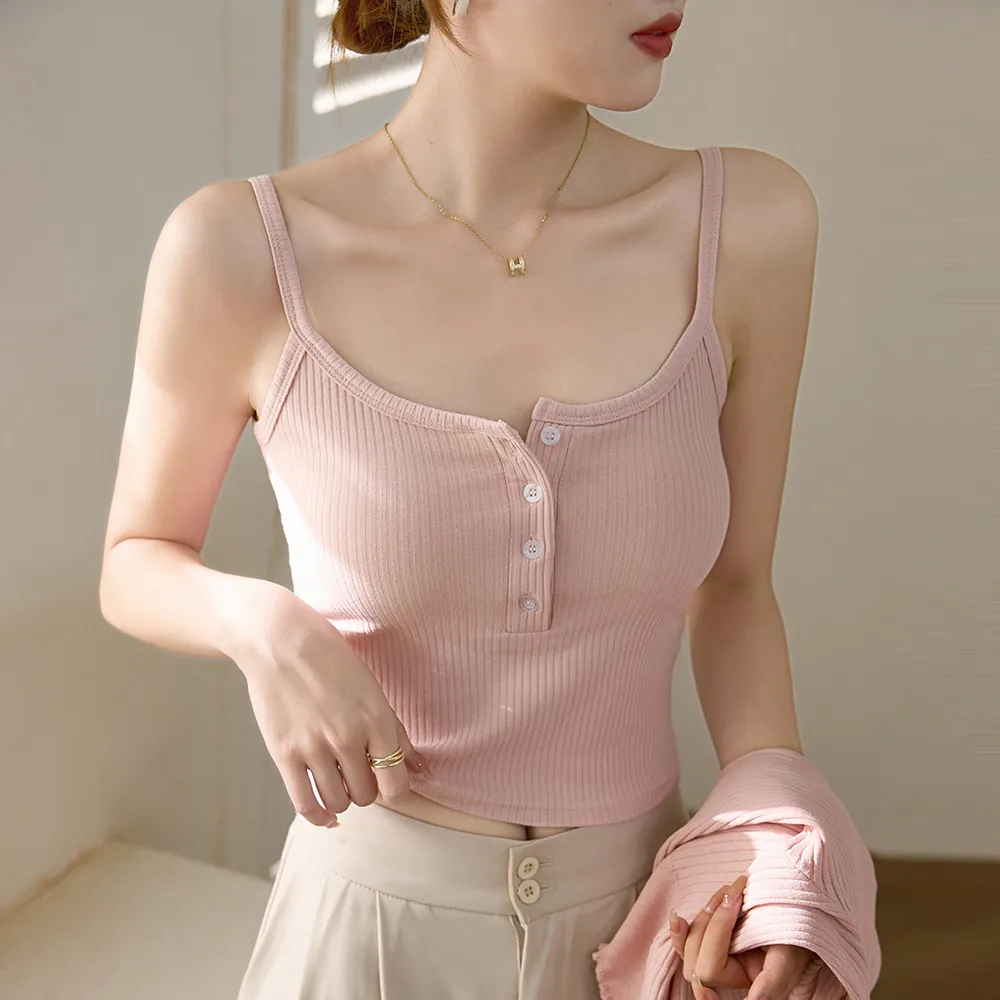 High-Quality Cotton Camisole for Women - Summer 2026 Buttoned U-Neck Backless Pure Desire Top thumbnail 7