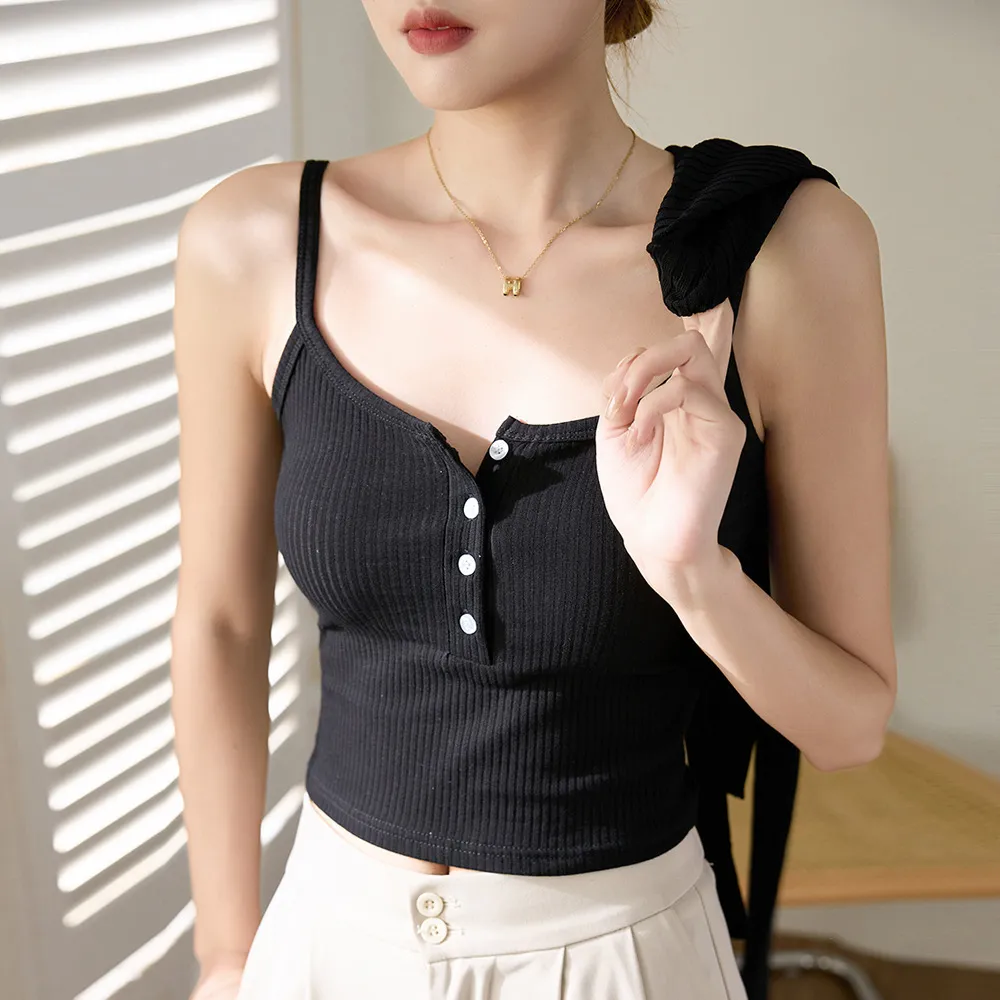 High-Quality Cotton Camisole for Women - Summer 2026 Buttoned U-Neck Backless Pure Desire Top thumbnail 8