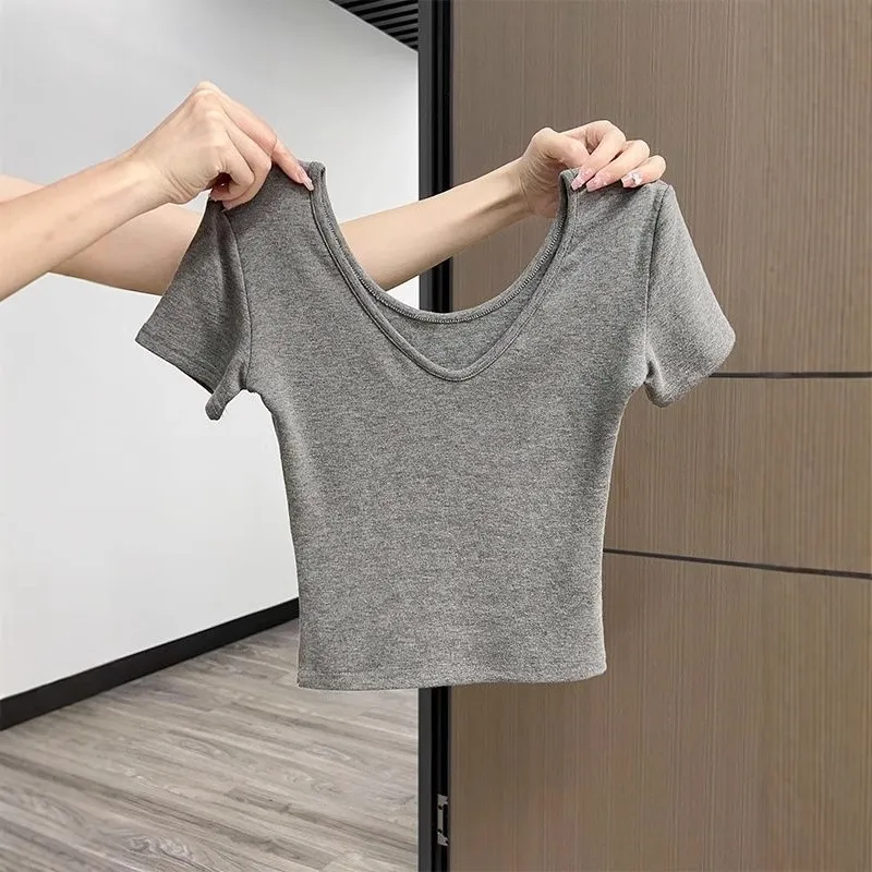 Women's Summer Cotton V-Neck T-Shirt - Exposed Shoulder Design, Short Sleeve, Breathable Casual Top for Everyday Wear - Image 8
