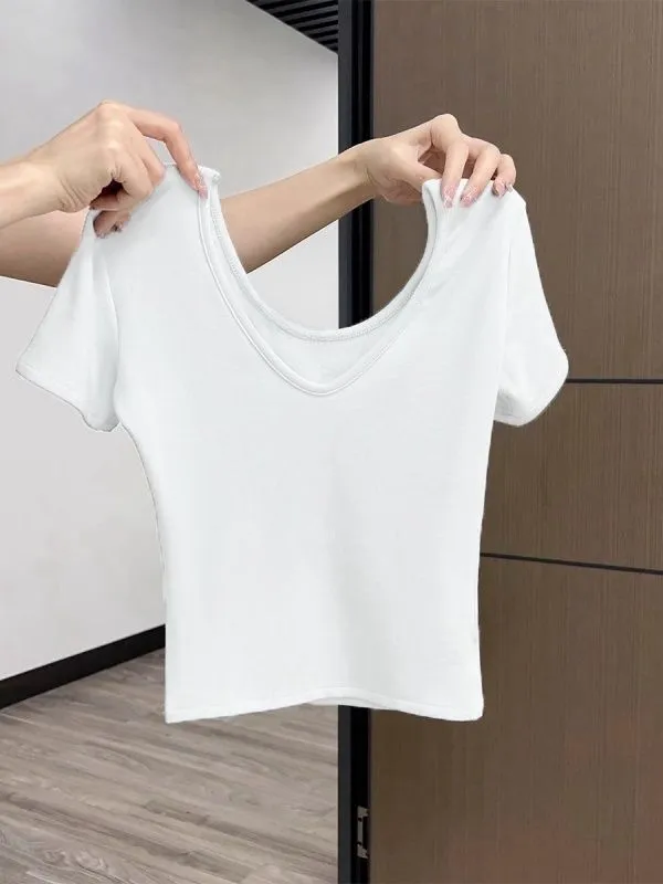 Women's Summer Cotton V-Neck T-Shirt - Exposed Shoulder Design, Short Sleeve, Breathable Casual Top for Everyday Wear showcase 9